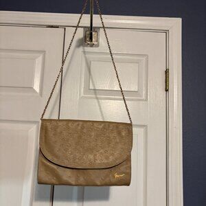 Vintage Bruno Handbag Metal Gold Chain Strap Pockets Pebbled Look Tan
